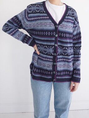 Vintage MK Sweaters Blue Fair Isle Nordic Pattern Knit Cardigan Snowflake M